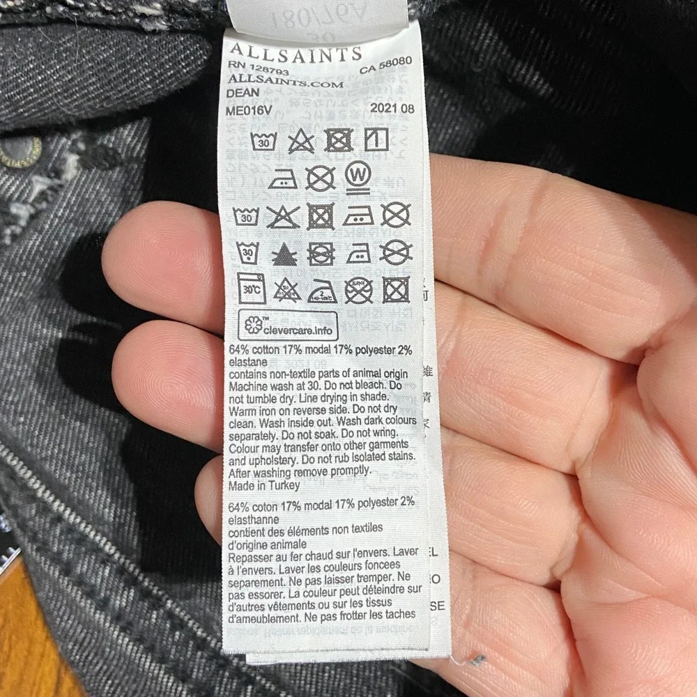 AllSaints Dean Slim Straight Grey Faded Jeans Size 30 Button Fly Raw Hem Grunge